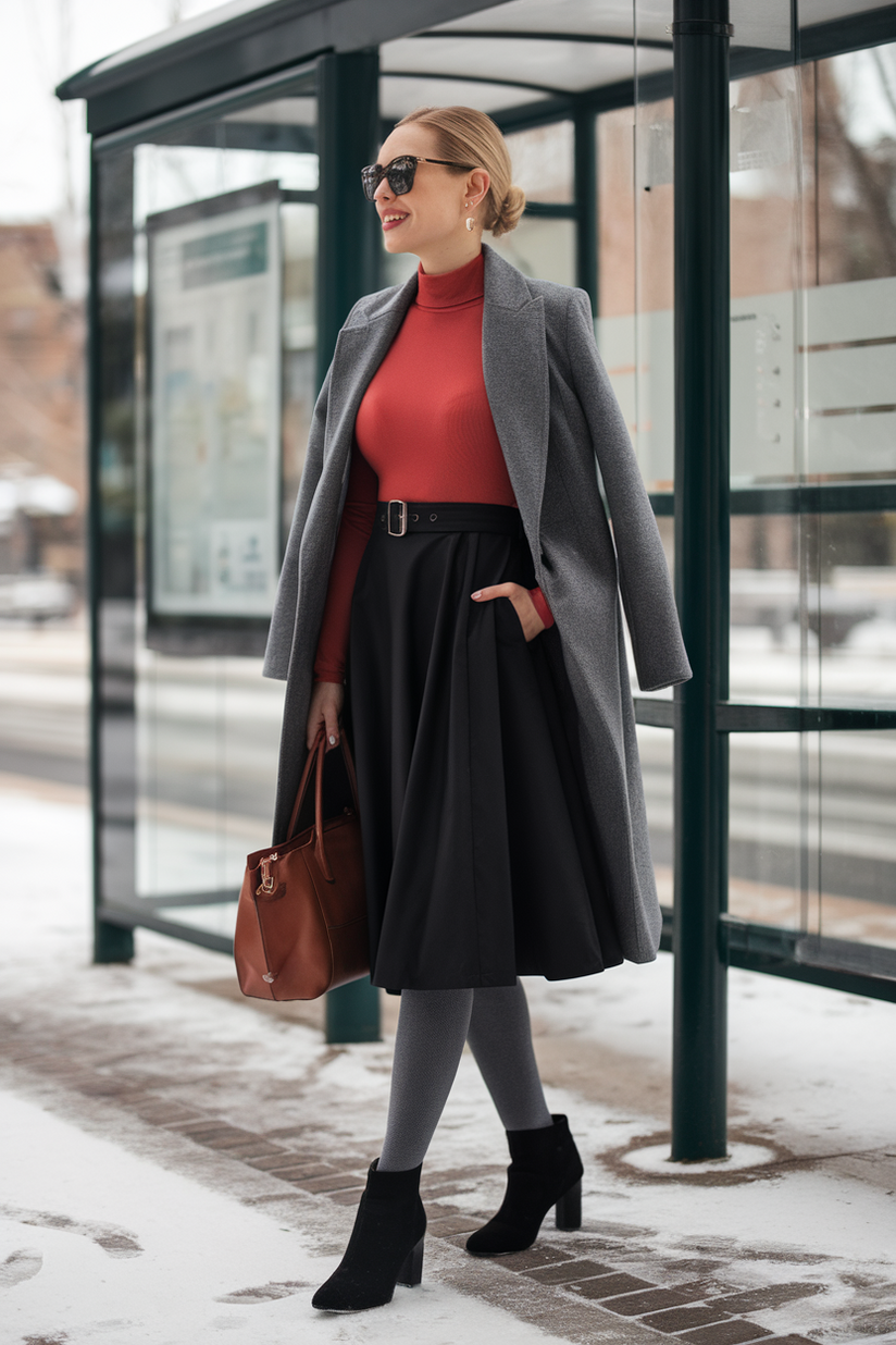 Winter outfit with a black knee-length skirt, red turtleneck, and black heeled ankle boots.