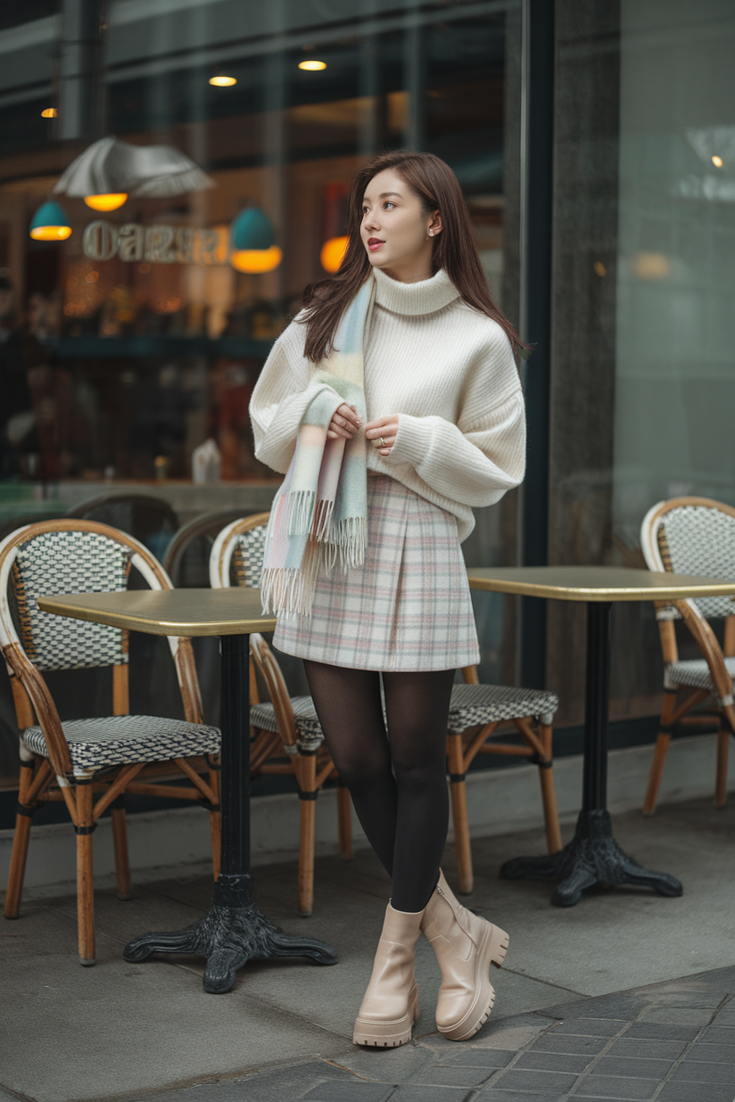 Korean winter outfit with cream sweater, pastel plaid mini skirt, and beige platform boots.