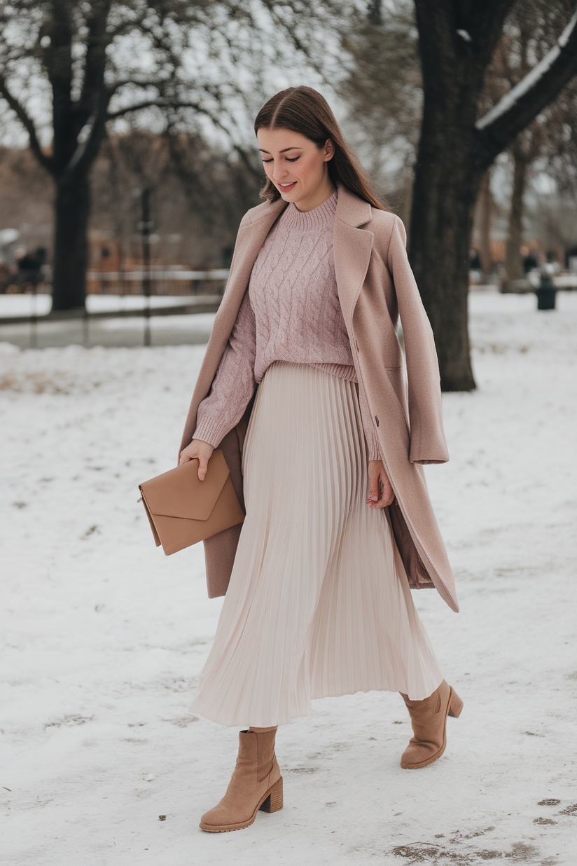 Winter outfit with a long white pleated skirt, pink sweater, and beige wool coat.