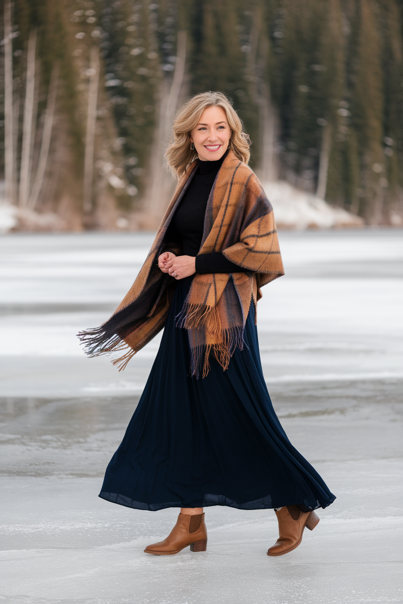 Winter outfit with a navy maxi skirt, black turtleneck, and wool plaid shawl.