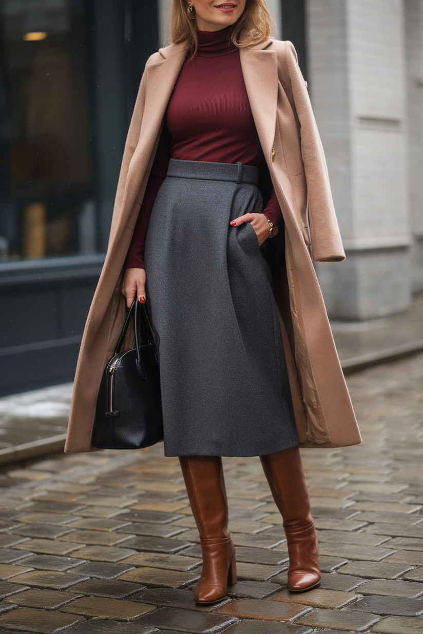 Winter outfit with a gray wool midi skirt, burgundy turtleneck, and brown knee-high boots.