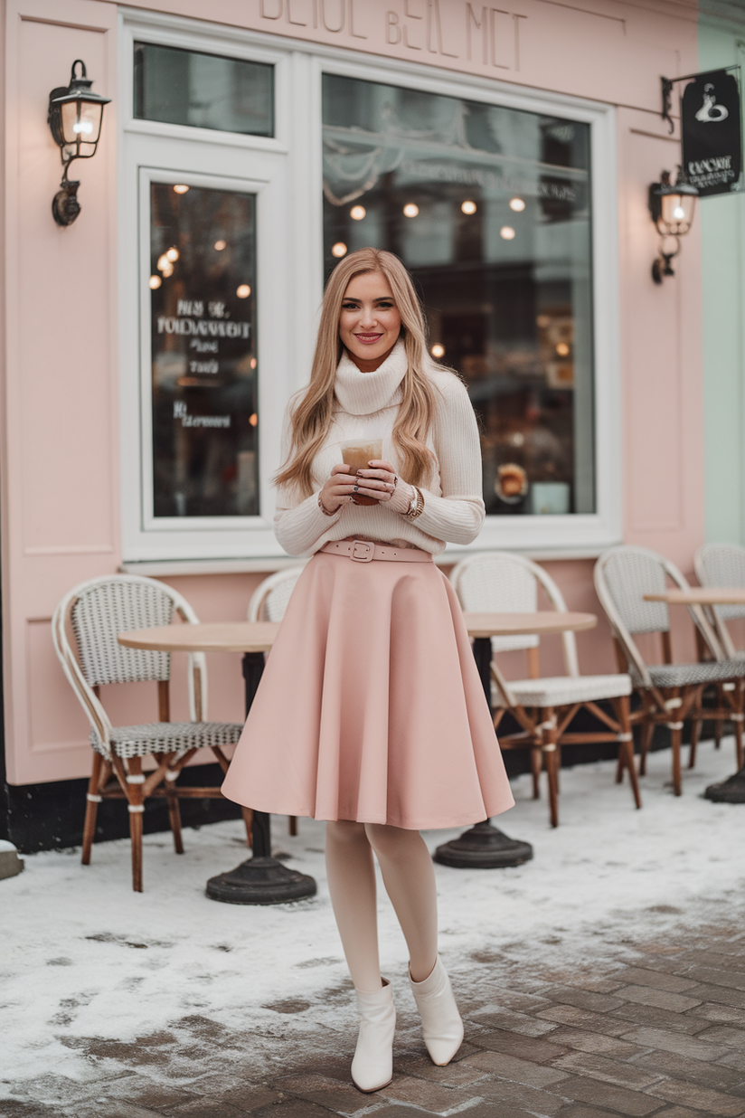 Winter outfit with a blush pink skirt, white sweater, and white ankle boots.