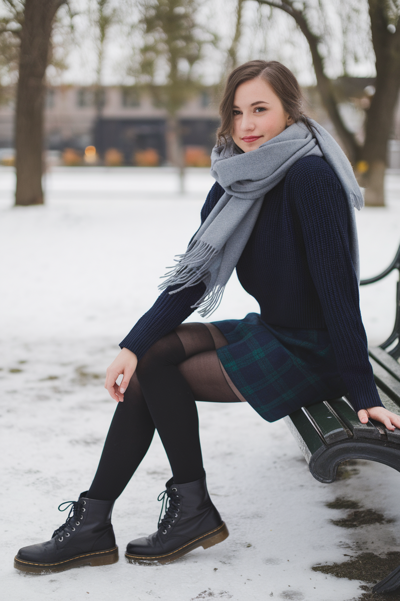 Winter outfit with a navy knit sweater, short plaid skirt, and black combat boots.