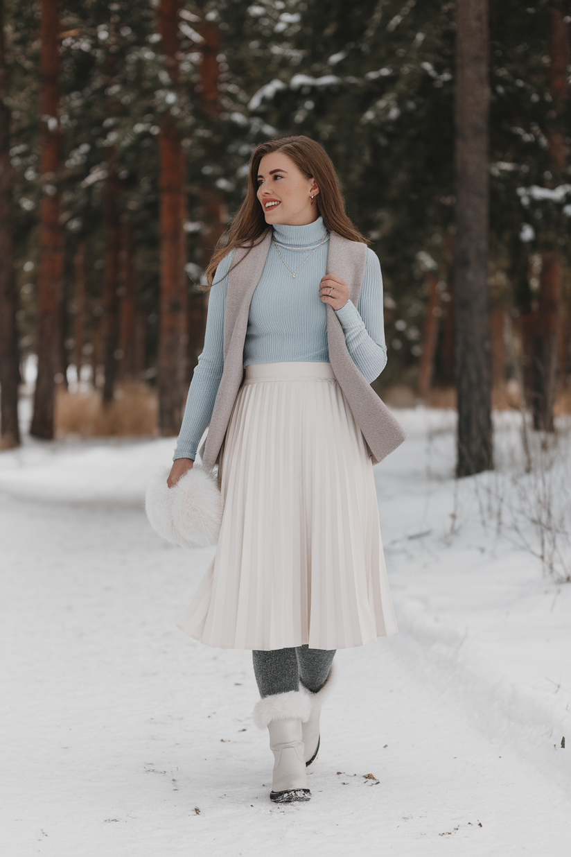 Winter outfit with a white pleated skirt, pale blue sweater, and white fur-lined boots.