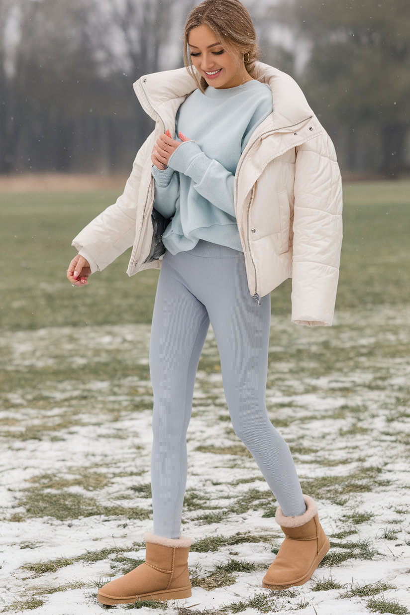 Winter outfit with gray leggings, pale blue sweater, and short tan UGG boots.