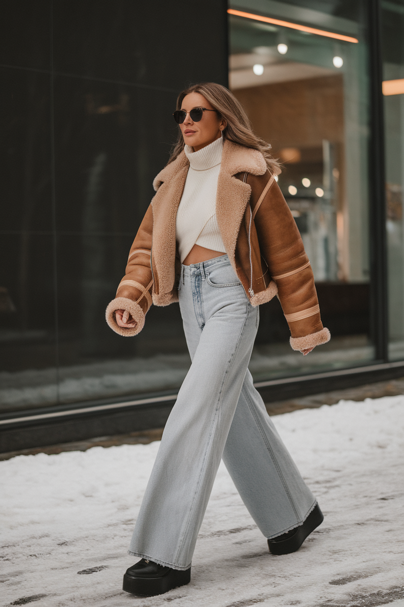 Woman in wide-leg jeans, black boots, and a cream turtleneck with a shearling jacket on a snowy street.