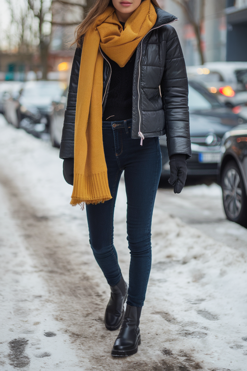 Winter outfit with a yellow scarf, black puffer jacket, and jeans.