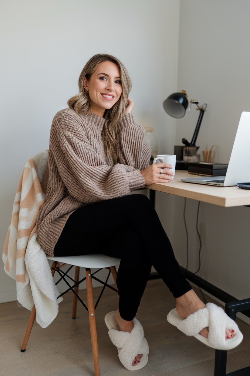 A woman in an oversized knit sweater and black leggings, styled for a cozy winter work-from-home outfit.