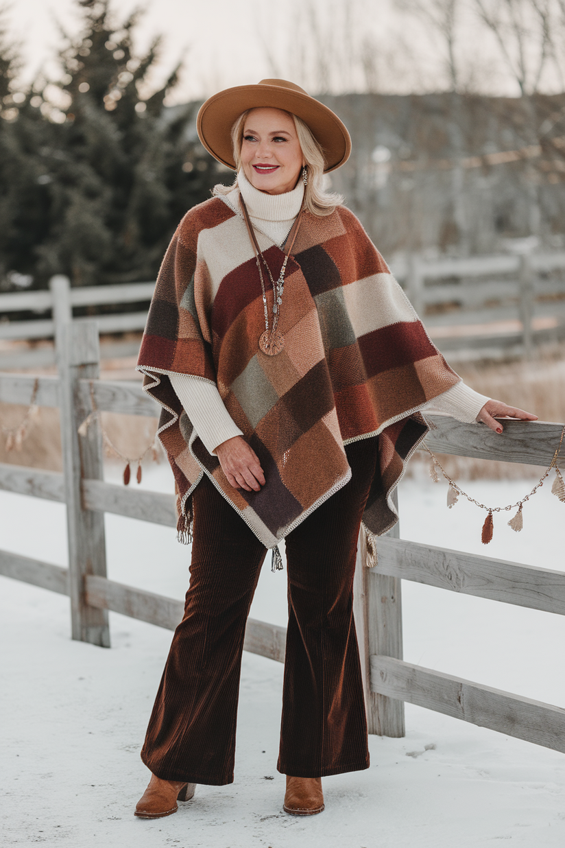 A plus-size woman in a patchwork poncho, cream sweater, and flared pants for a boho winter outfit.