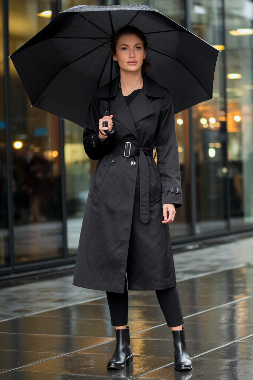 A woman in a black trench coat, slim trousers, and waterproof boots, styled for a rainy winter work outfit.