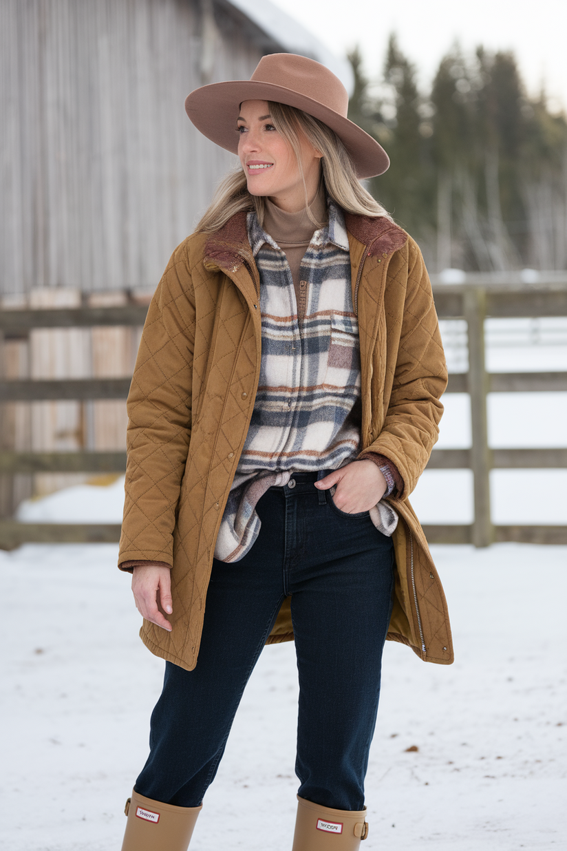 A woman in a brown jacket, plaid shirt, and jeans with tan boots for a practical winter ranch work outfit.