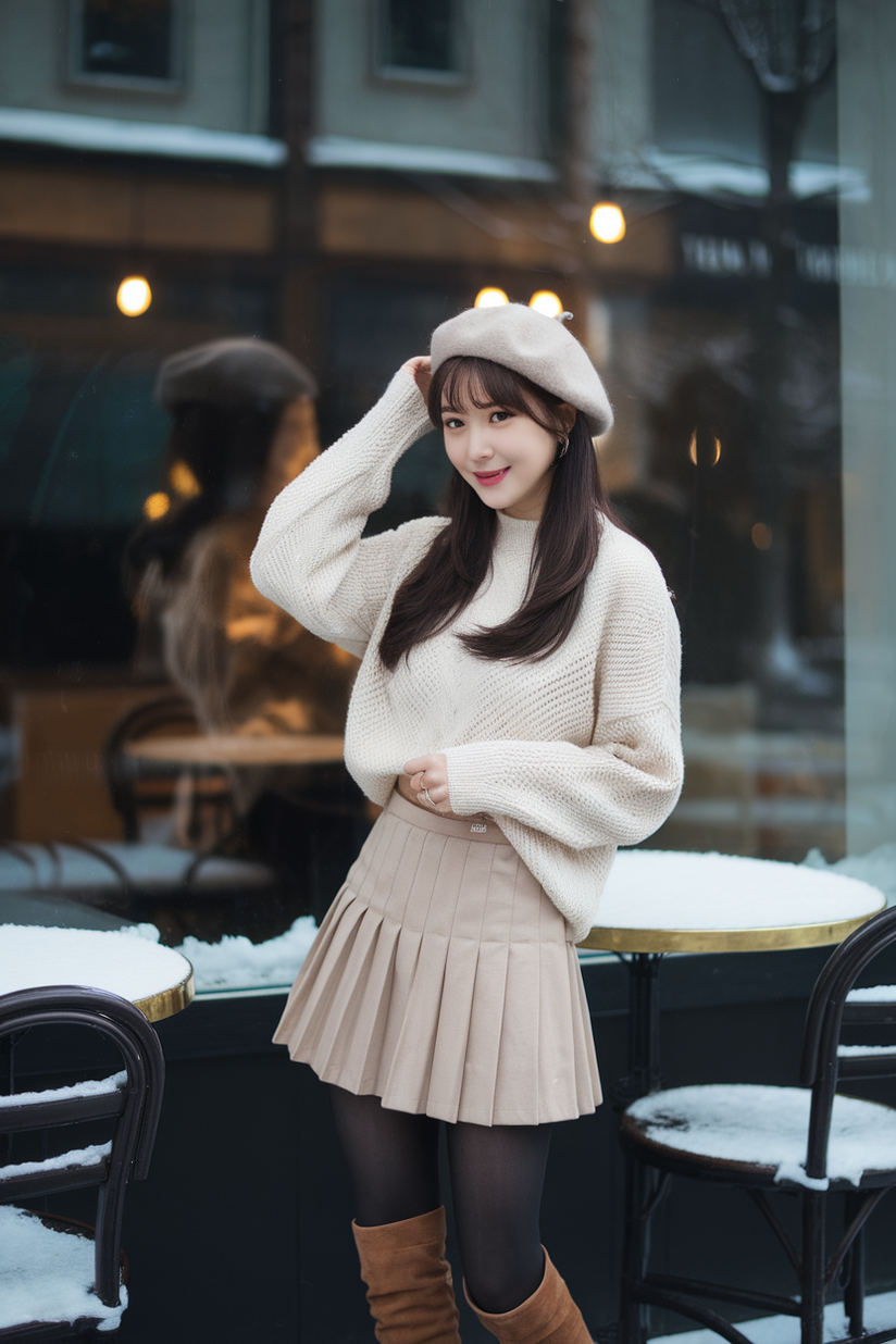 Korean winter outfit with a short beige pleated skirt, cream sweater, and brown knee-high boots.