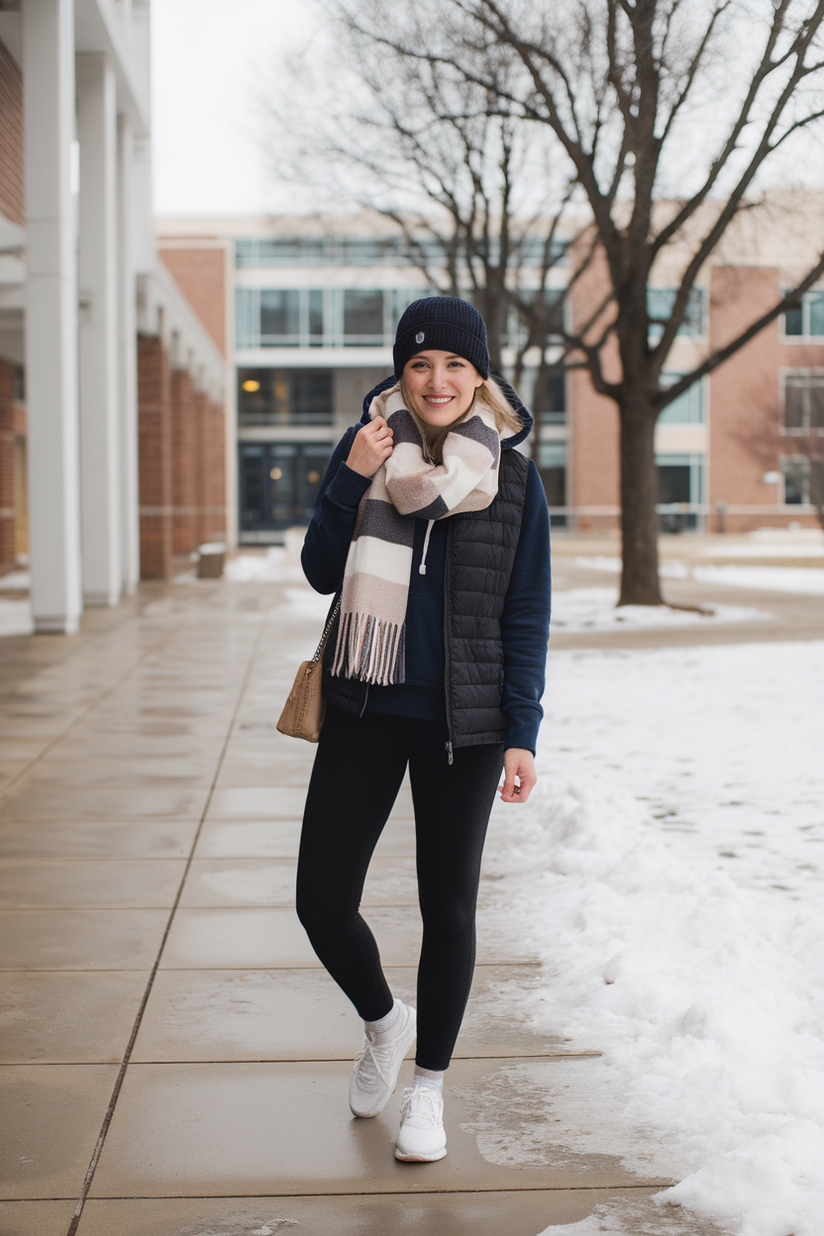 Winter university outfit with a striped scarf, navy hoodie, and leggings.