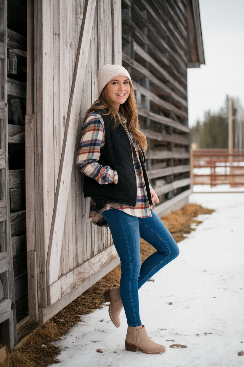 Woman in skinny jeans, beige boots, a flannel shirt, and a quilted vest near a snowy barn.