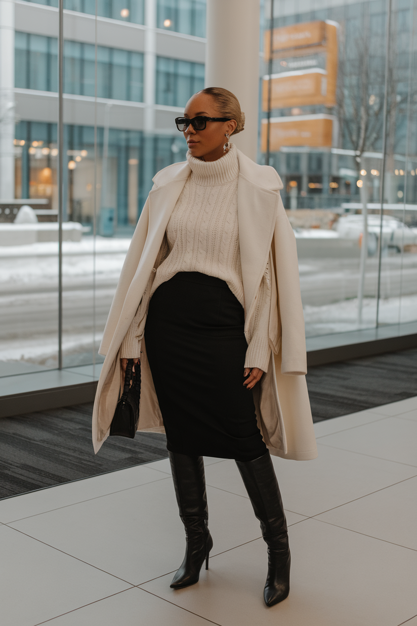 A woman in a cream sweater, pencil skirt, and black knee-high boots, styled for a winter work outfit.