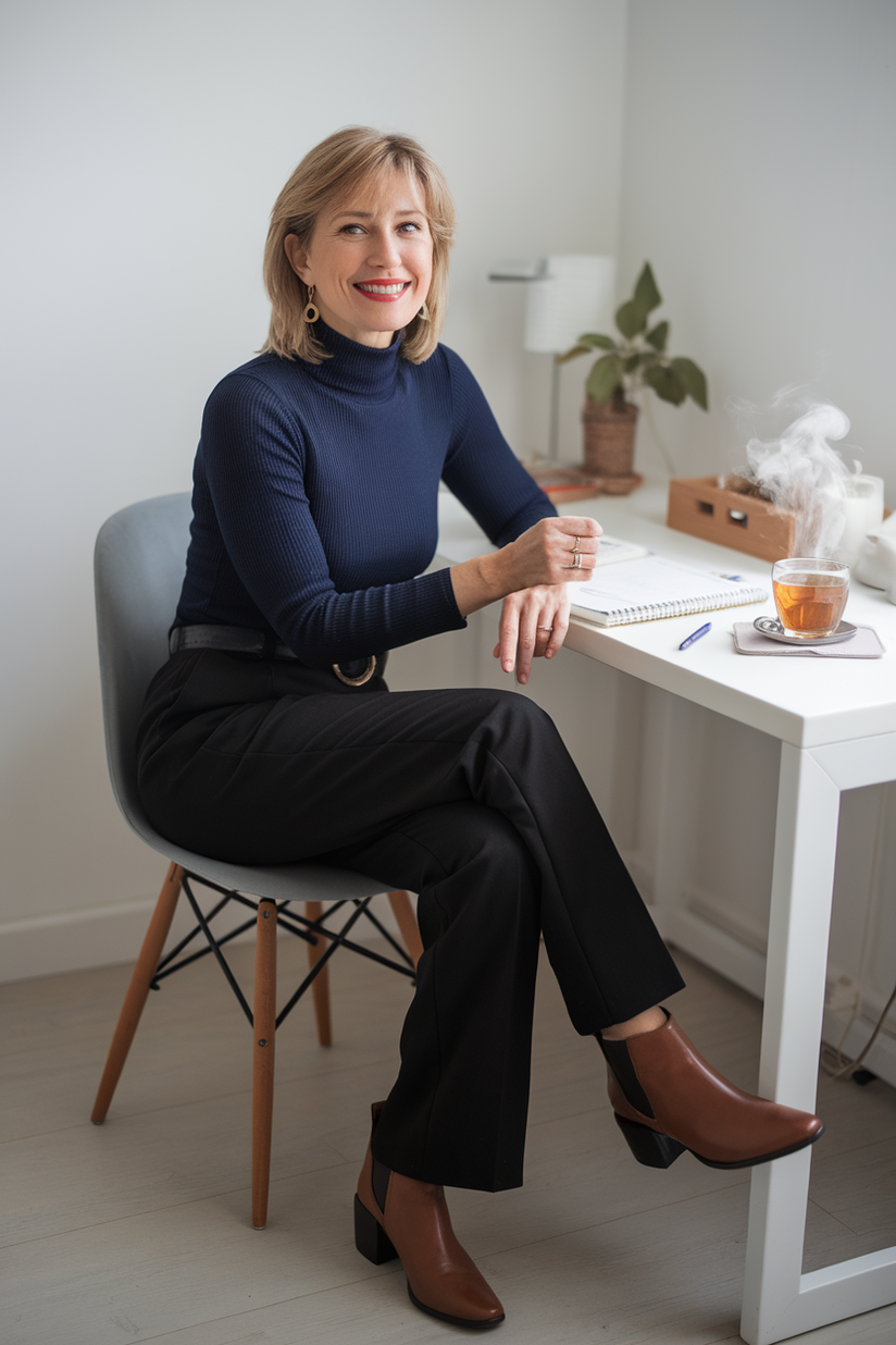 A woman in a navy turtleneck, black trousers, and brown boots for a casual winter work outfit.