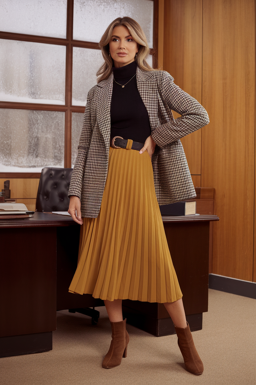 A woman in a houndstooth blazer, mustard skirt, and brown boots for a vintage-inspired winter work look.