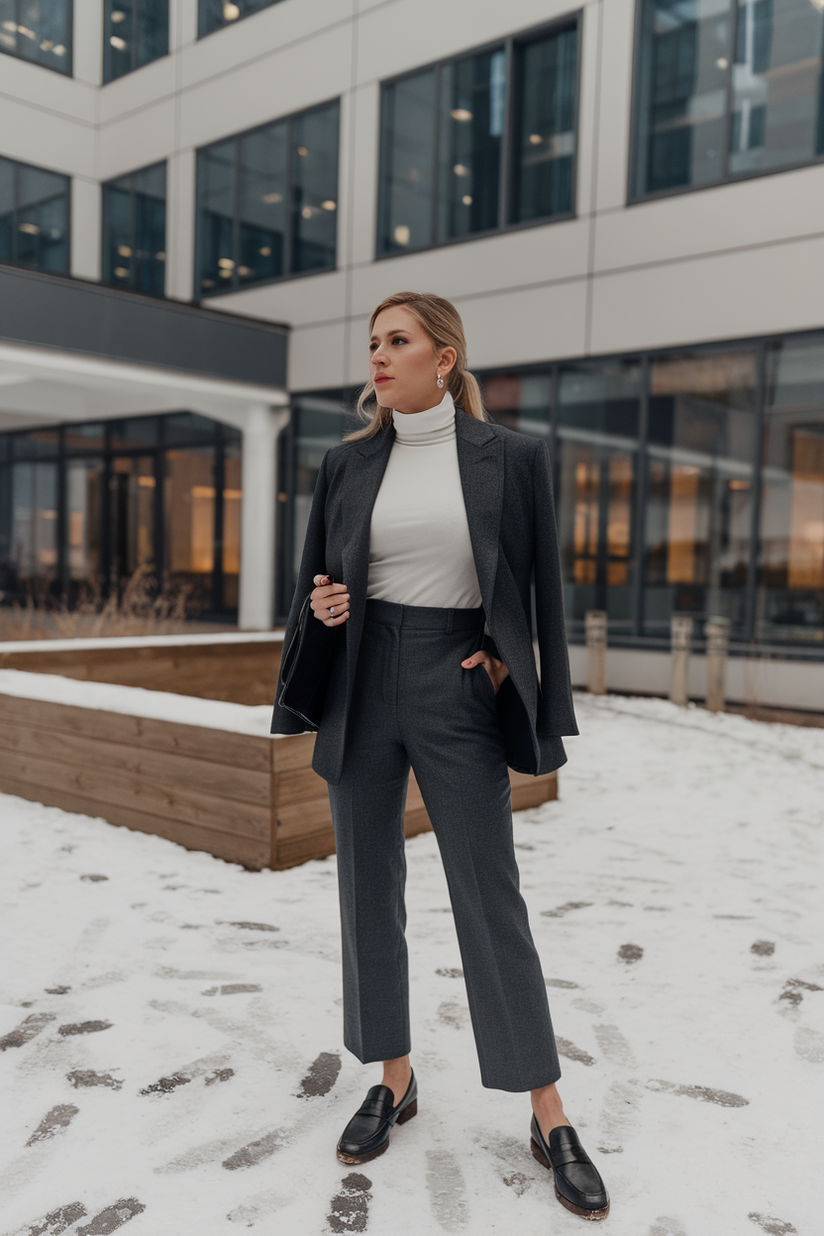 A woman in a charcoal blazer, gray trousers, and white turtleneck for a polished winter work outfit.