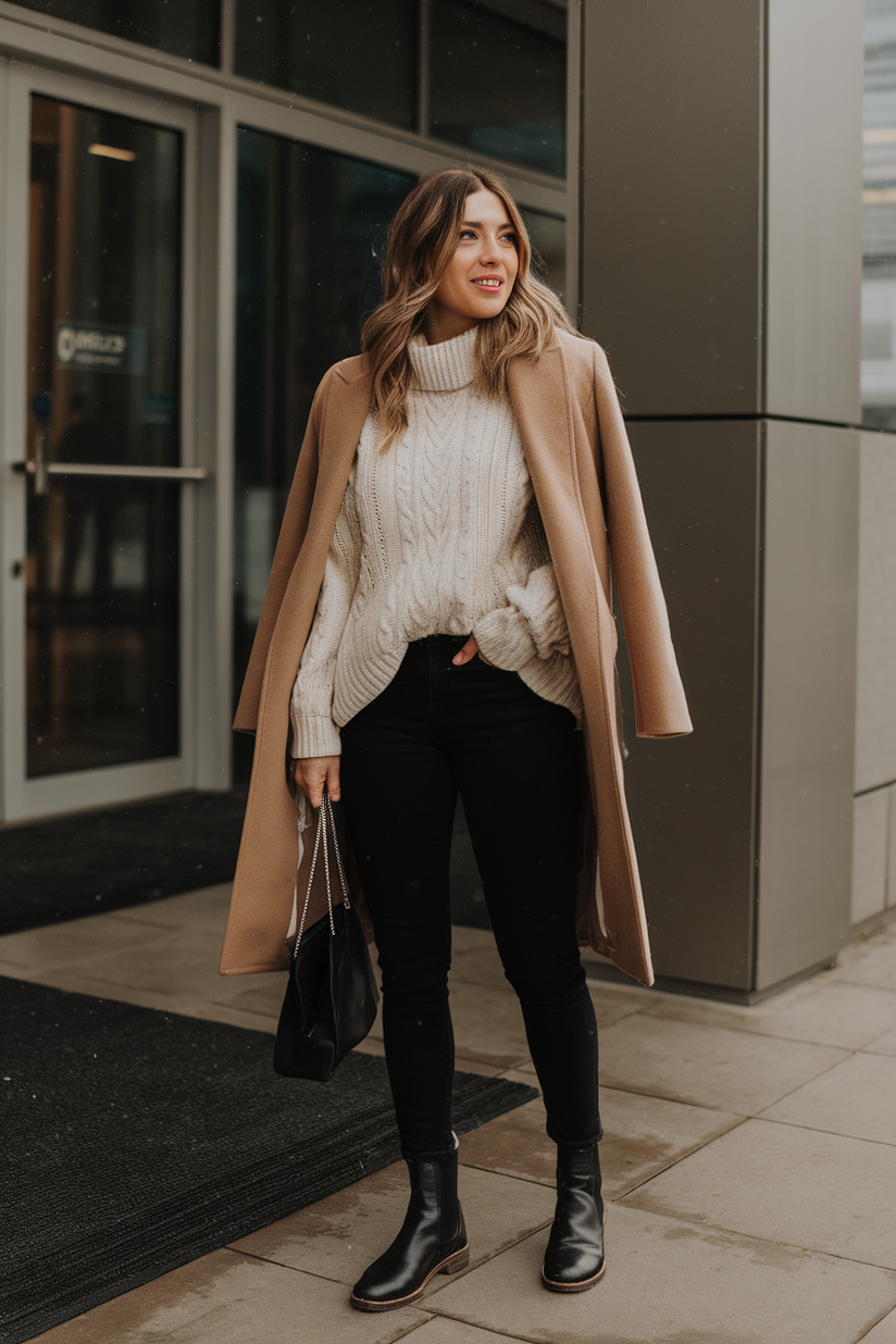 A woman in a camel coat, white sweater, and black jeans for a winter work outfit.