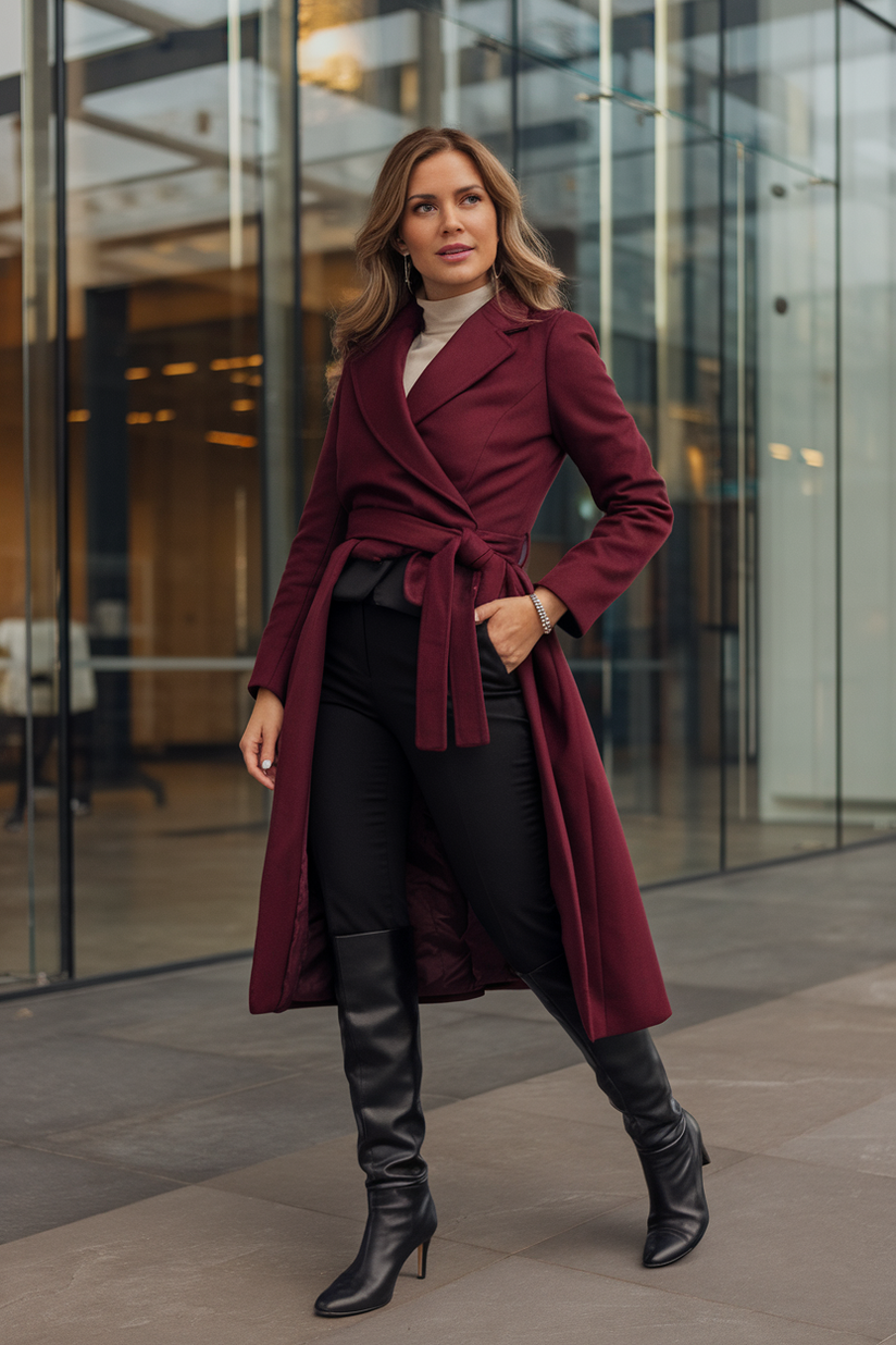 A woman in a burgundy coat, black trousers, and black knee-high boots, styled for a winter work look.