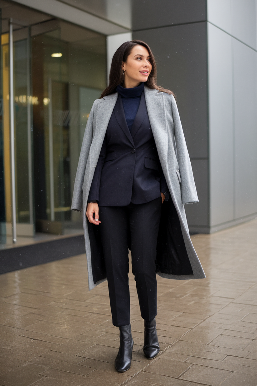 A woman in a gray coat, navy sweater, black trousers, and black ankle boots, styled for a winter work outfit.