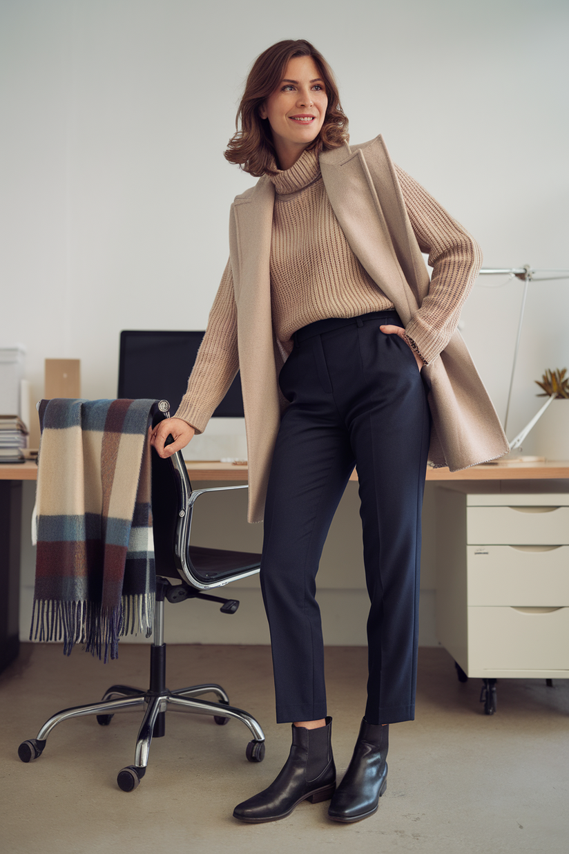 A woman in a beige sweater, navy trousers, and flat black Chelsea boots for a casual winter work look.