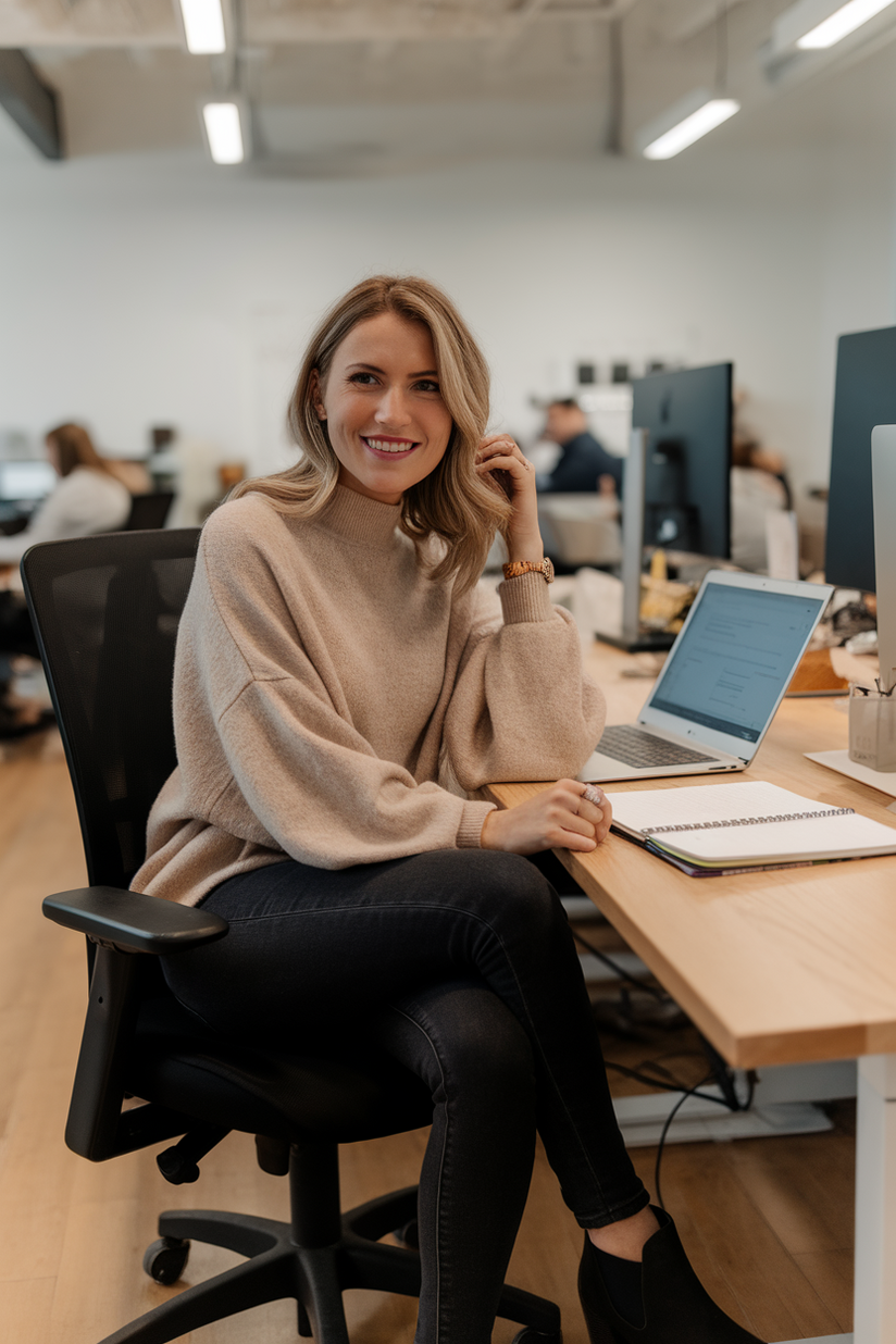 A woman in a beige sweater, dark jeans, and black ankle boots for a casual winter work outfit.