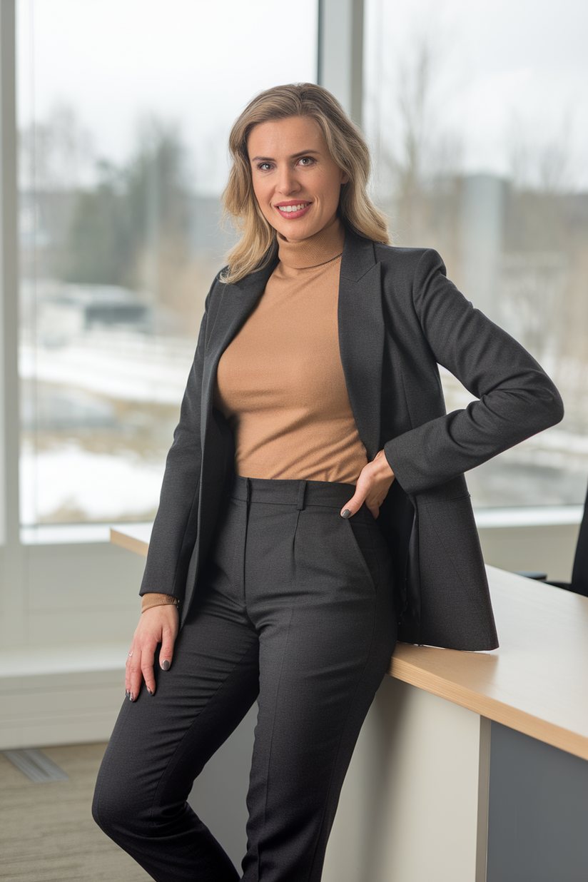 A woman in a charcoal blazer, camel sweater, and tailored black trousers, styled for a winter work outfit.