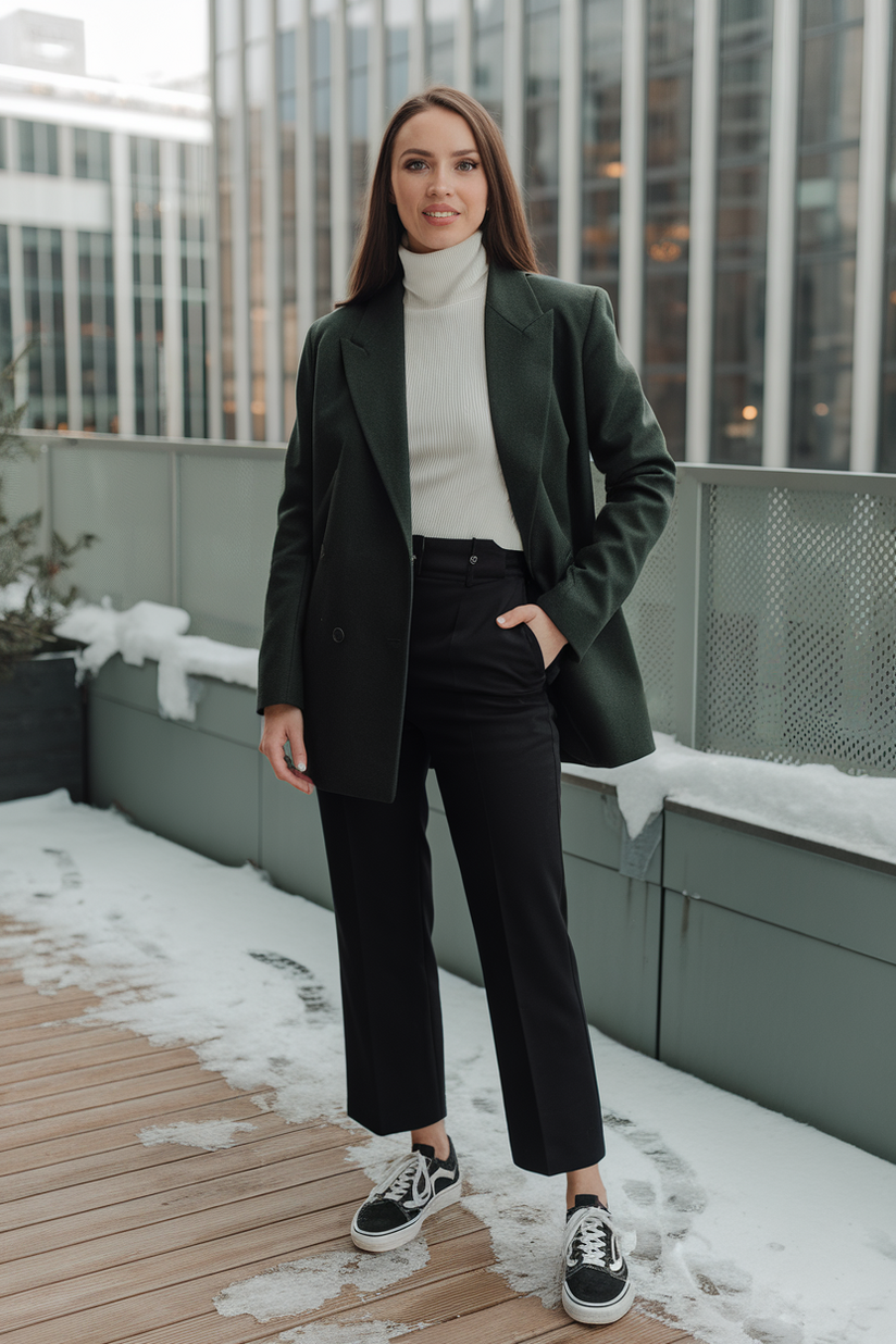 A woman in a green blazer, white turtleneck, and black trousers with sneakers, styled for a modern winter work outfit.