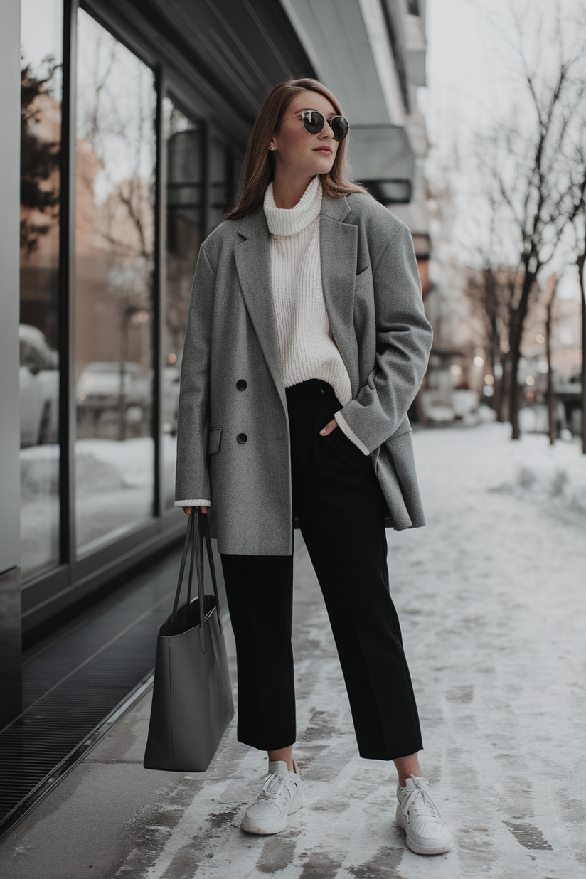 A woman in a gray blazer, white sweater, and black trousers with trainers for a relaxed winter work outfit.