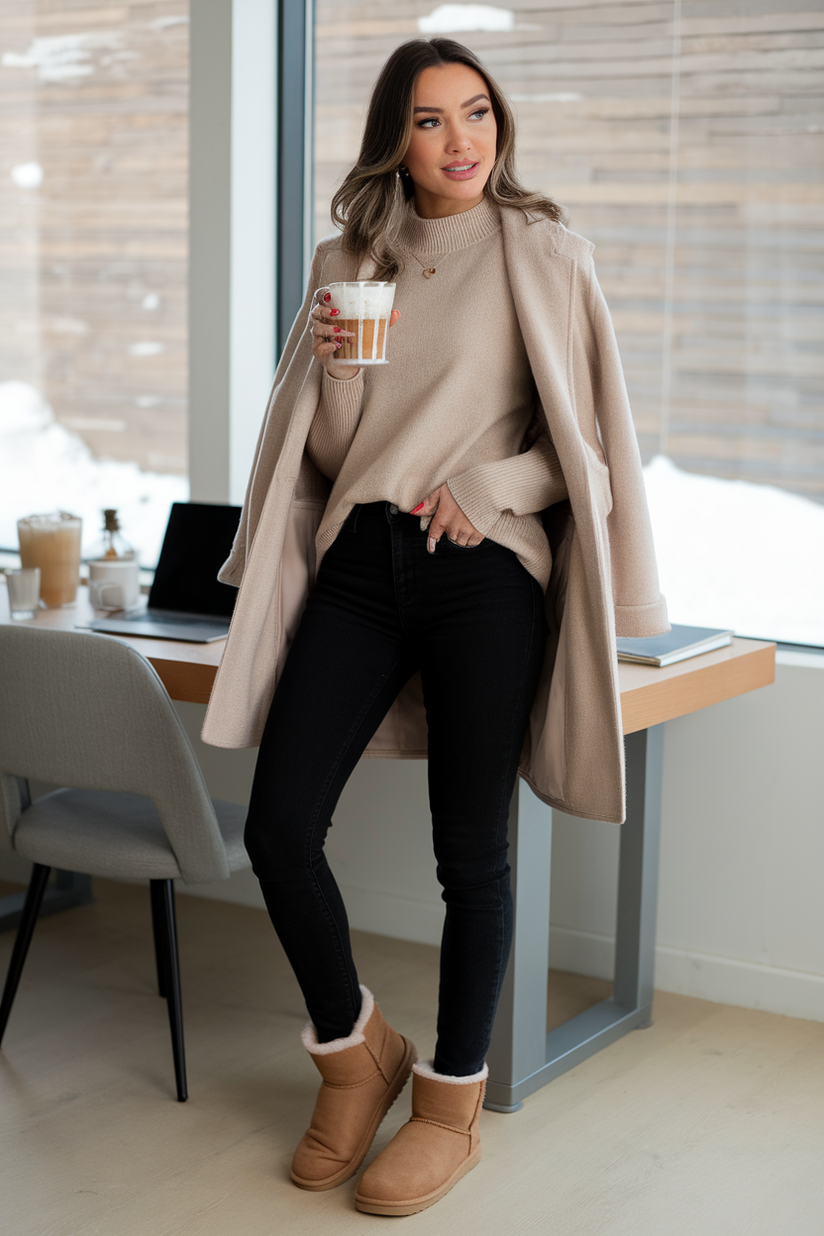 A woman in a beige sweater, black jeans, and chestnut Ugg boots for a casual winter work outfit.