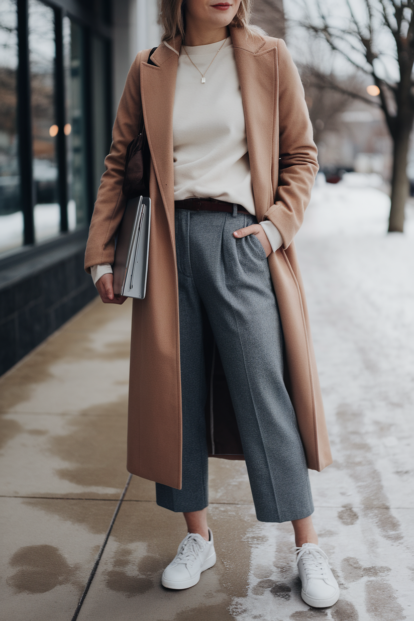 A woman in a camel coat, cream sweater, and gray trousers with white sneakers for a casual winter work look.