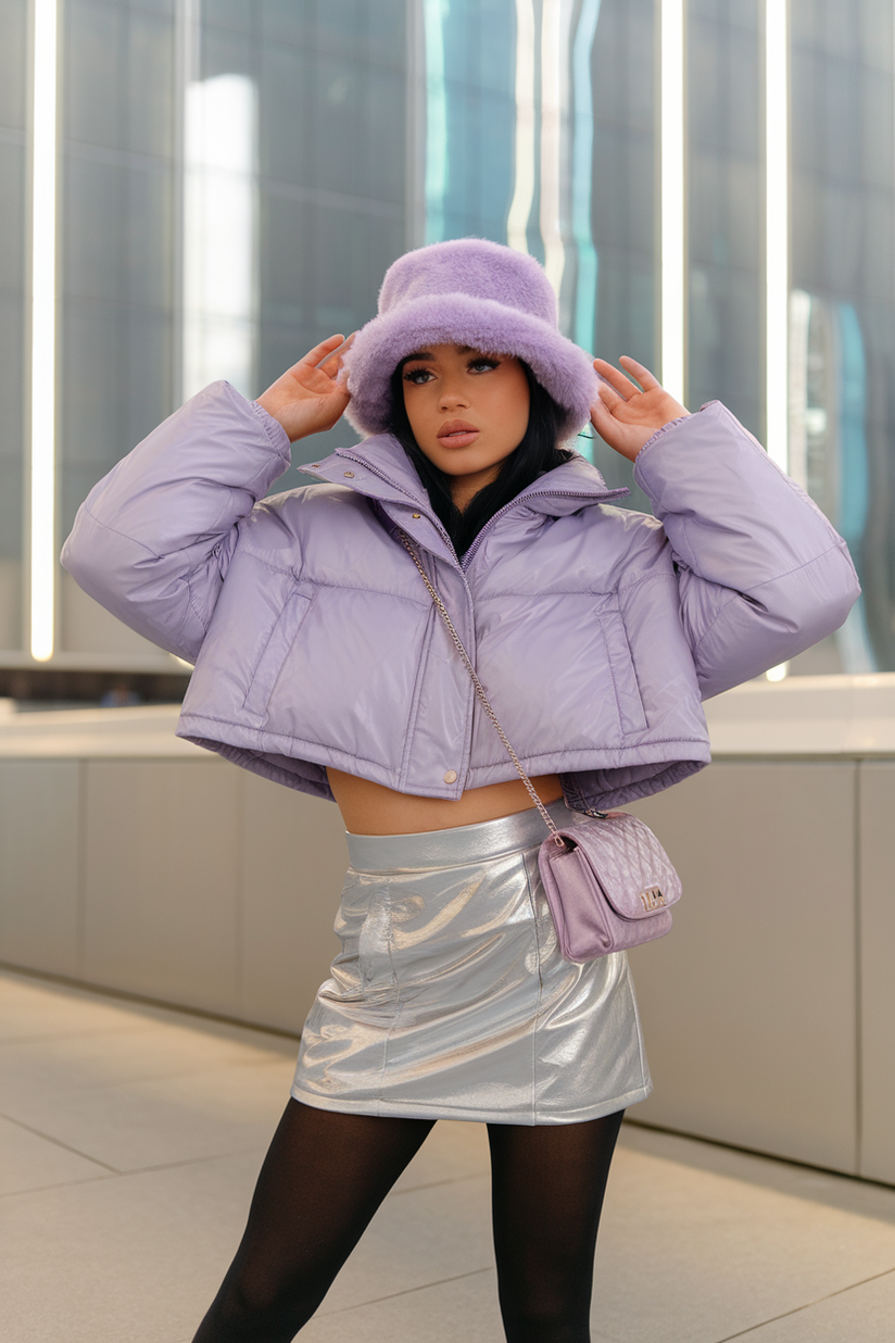 Y2K winter outfit with a metallic silver mini skirt, cropped lavender puffer jacket, and platform sneakers.