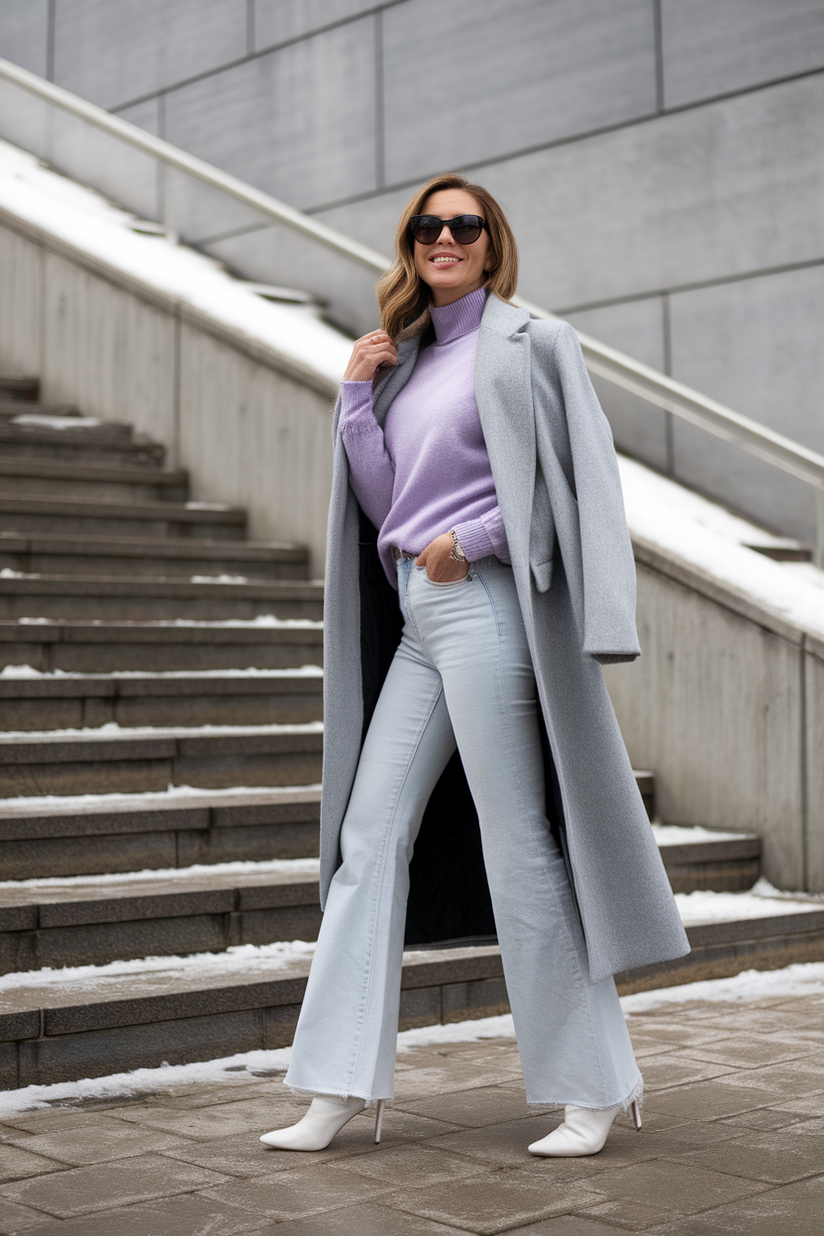 Woman in flared light jeans, white boots, and a lavender sweater with a gray coat near snowy steps.