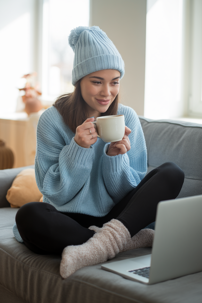 A light blue knit sweater styled with leggings, perfect for working from home in spring.