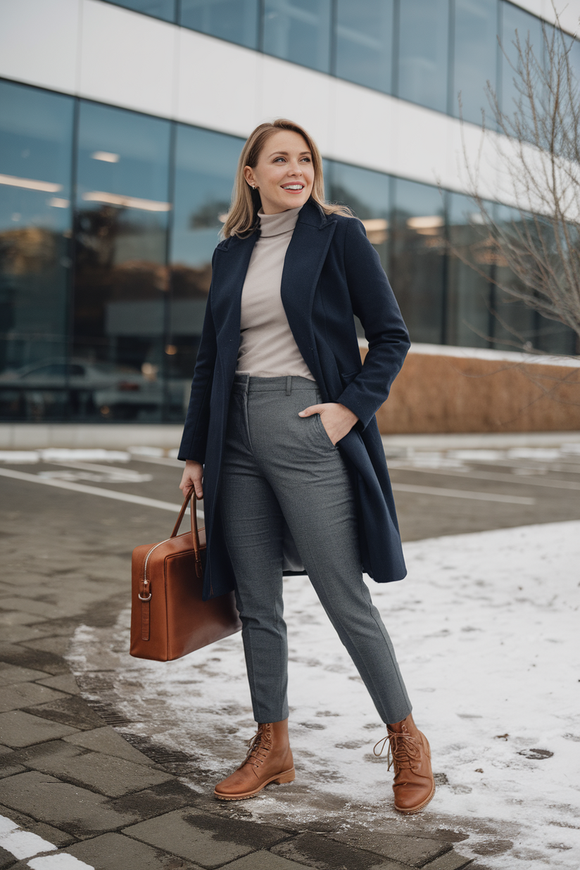 A woman in a navy coat, gray trousers, and brown winter boots, styled for work.