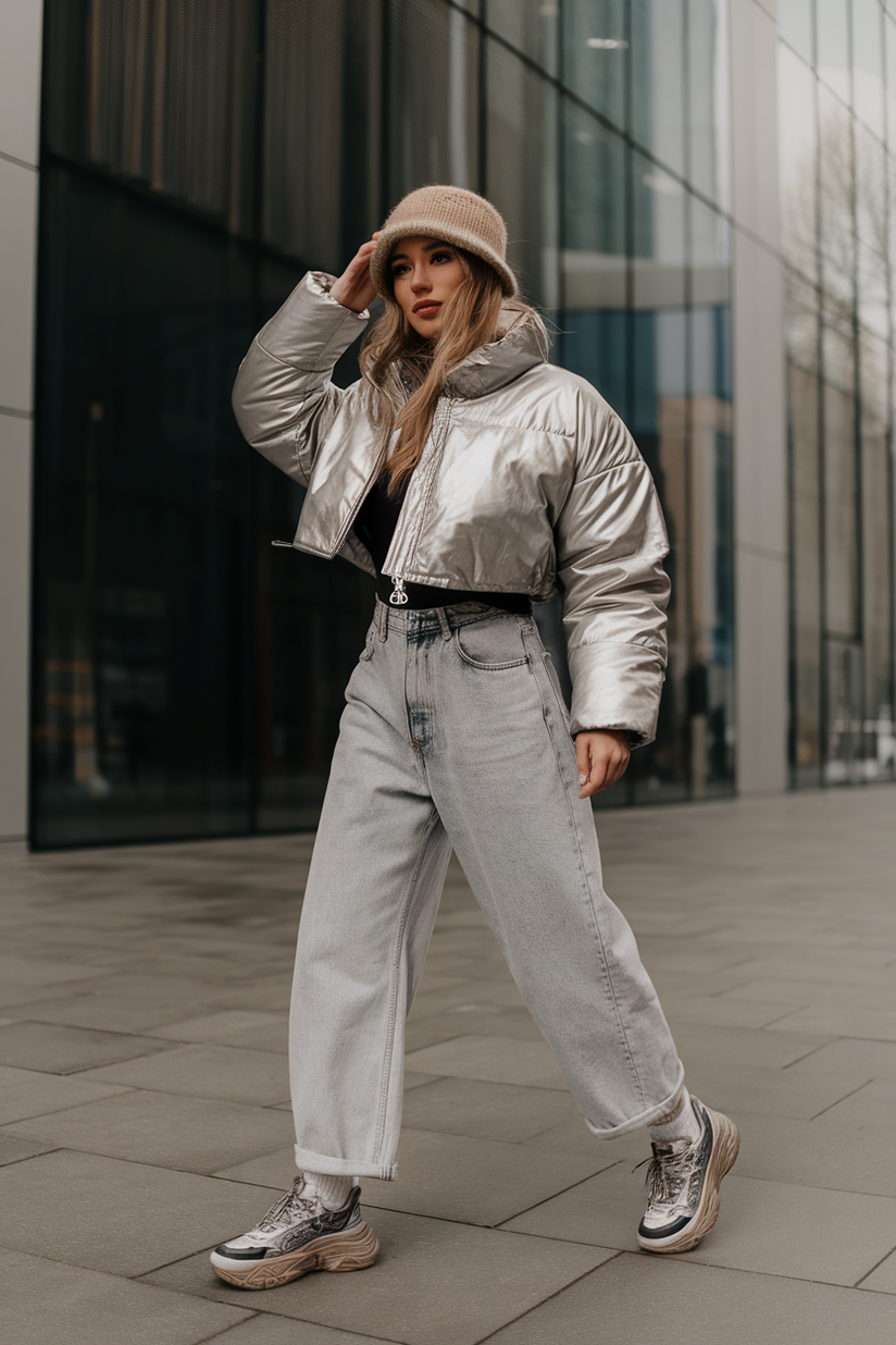 Woman in baggy jeans, a silver cropped puffer jacket, and sneakers, accessorized with a bucket hat.