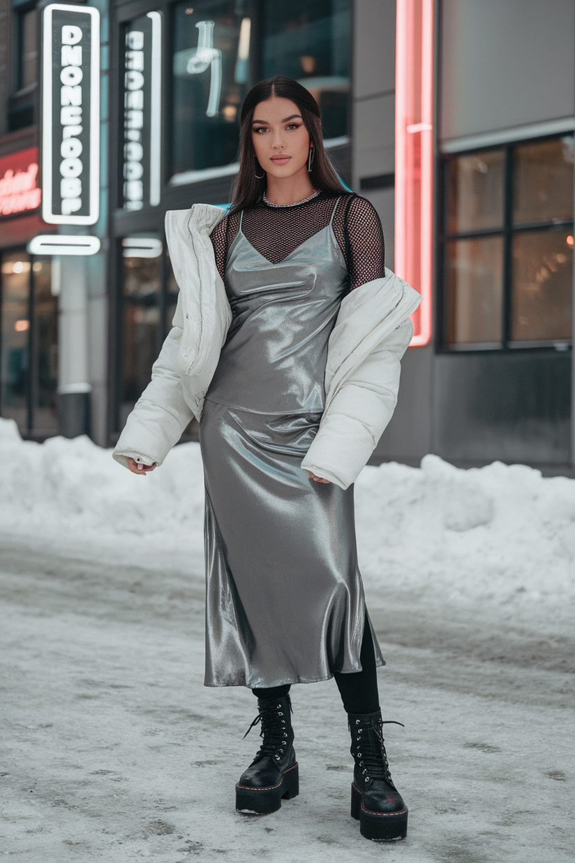 Y2K winter outfit with a silver slip dress, white puffer jacket, and platform boots.