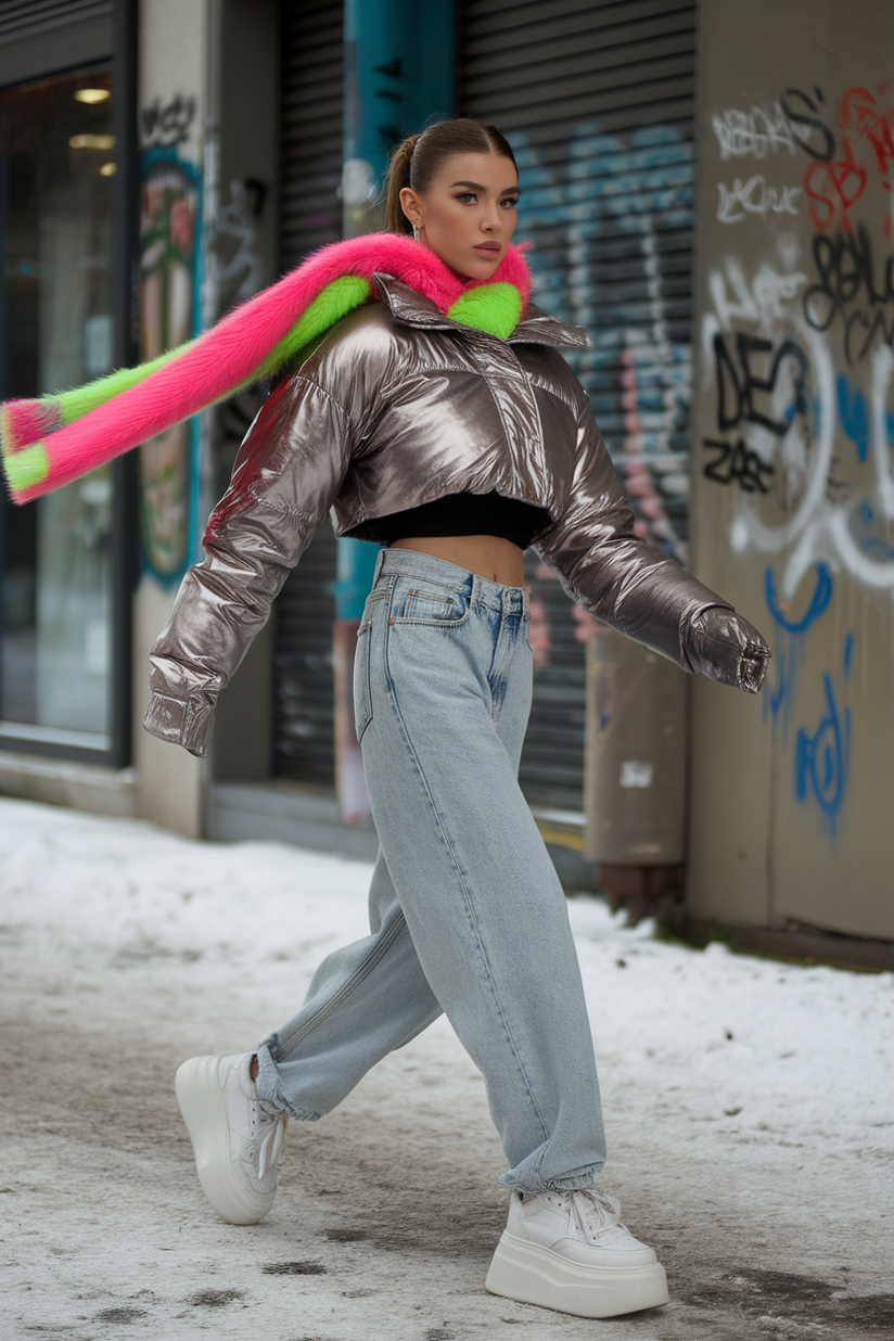 Y2K winter outfit with a colorful scarf, metallic jacket, and baggy jeans.