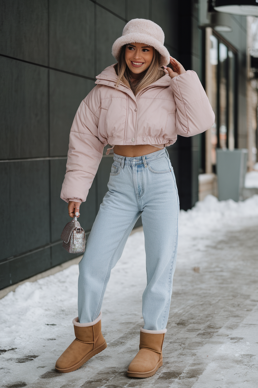 Y2K winter outfit with low-rise jeans, pink puffer jacket, and tan UGG boots.