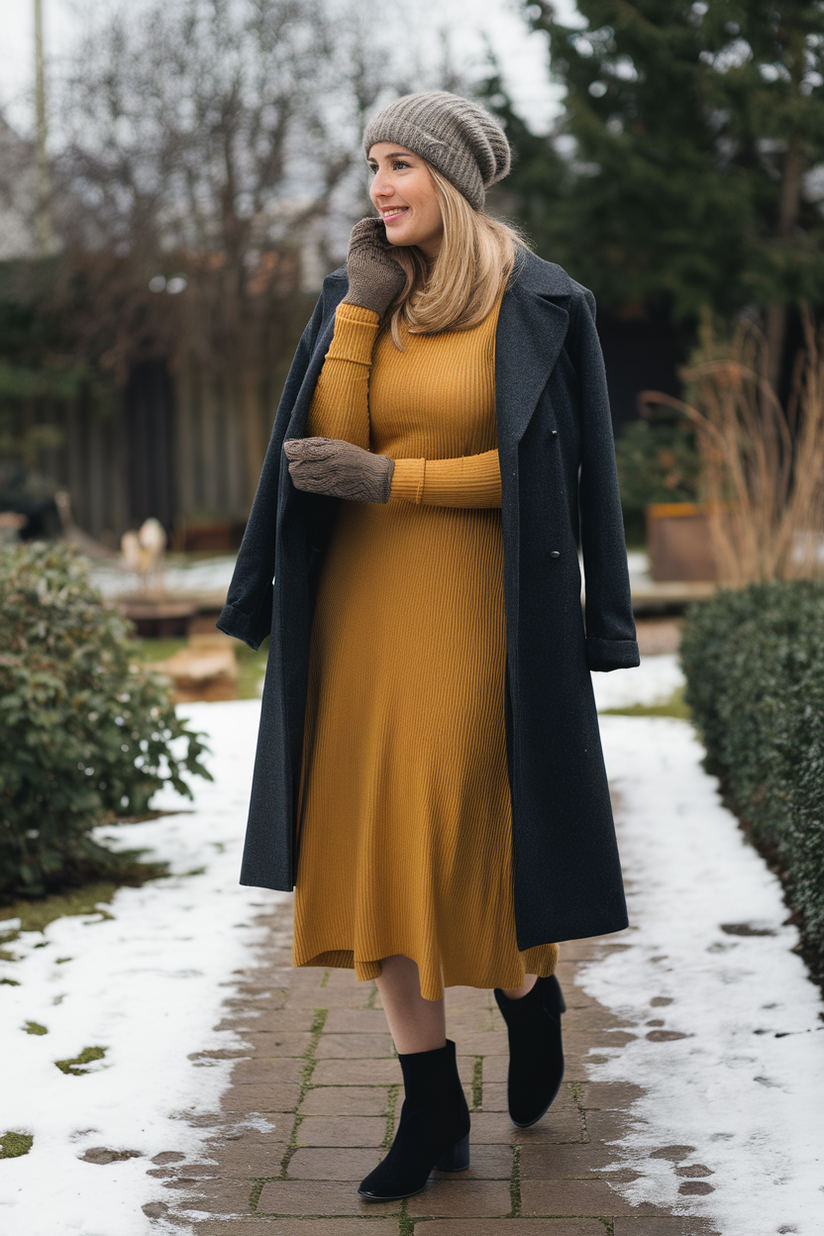 Winter outfit with a mustard yellow dress, gray trench coat, and black boots.