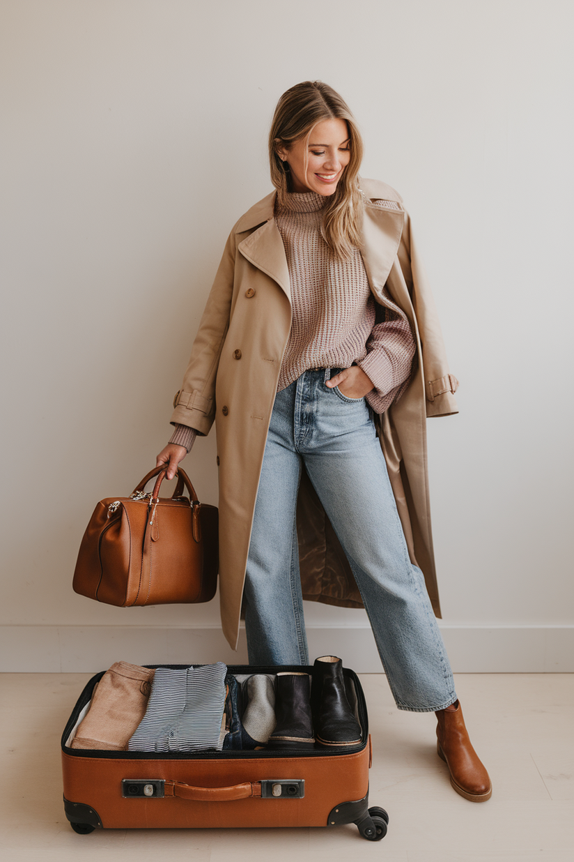 A trench coat, knit sweater, jeans, and boots packed for a four-day autumn trip.