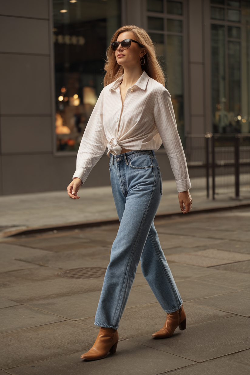 Vintage Levi’s 501 jeans styled with a white button-up shirt and brown ankle boots.