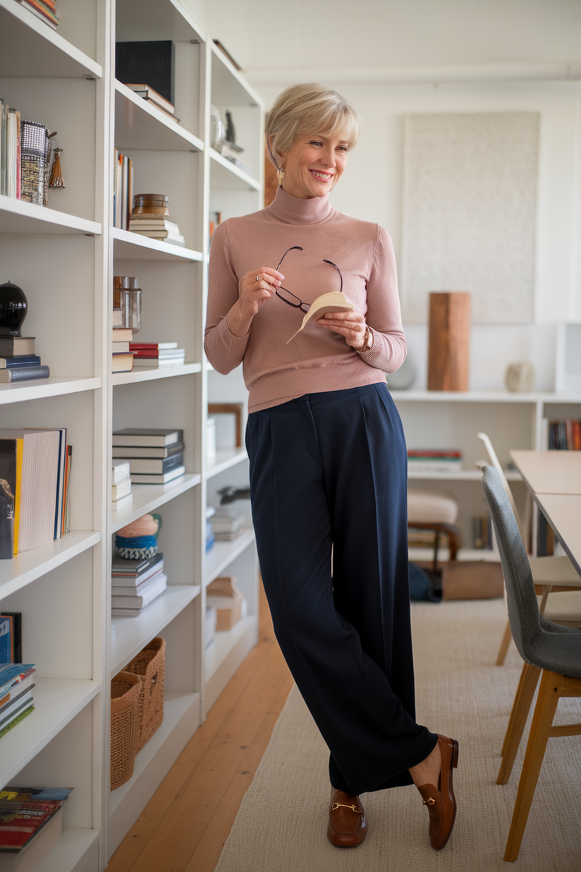 A 60-year-old female teacher in navy trousers, a cashmere sweater, and loafers near a bookshelf.