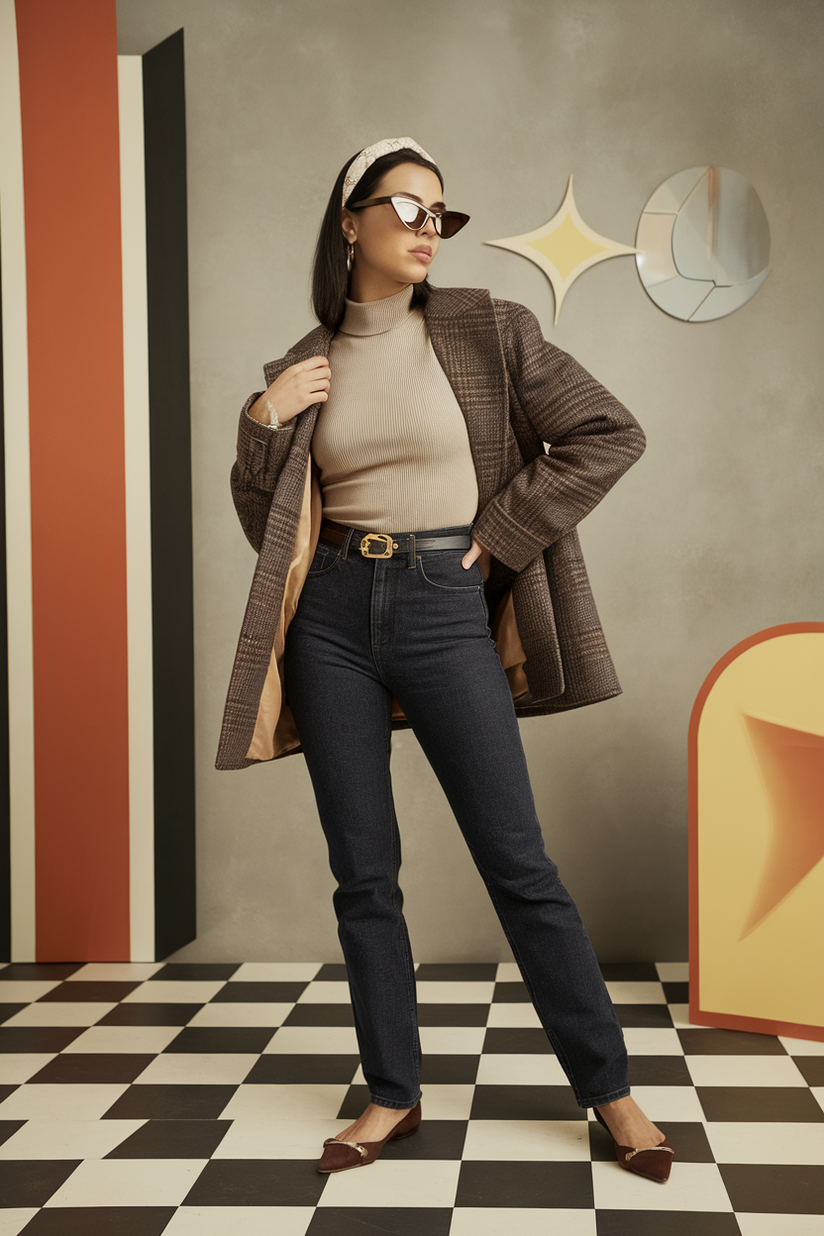 Dark-wash slim-fit jeans styled with a turtleneck sweater and retro accessories for a 60s-inspired look.