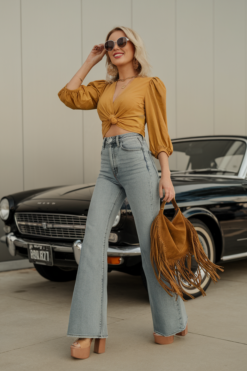 High-waisted flared jeans styled with a mustard blouse and platform heels for a 70s-inspired look.