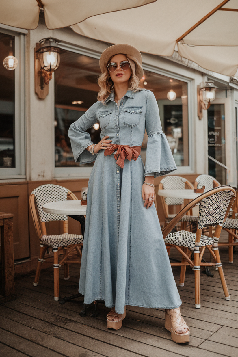 A long denim maxi dress with bell sleeves, styled with platform sandals.