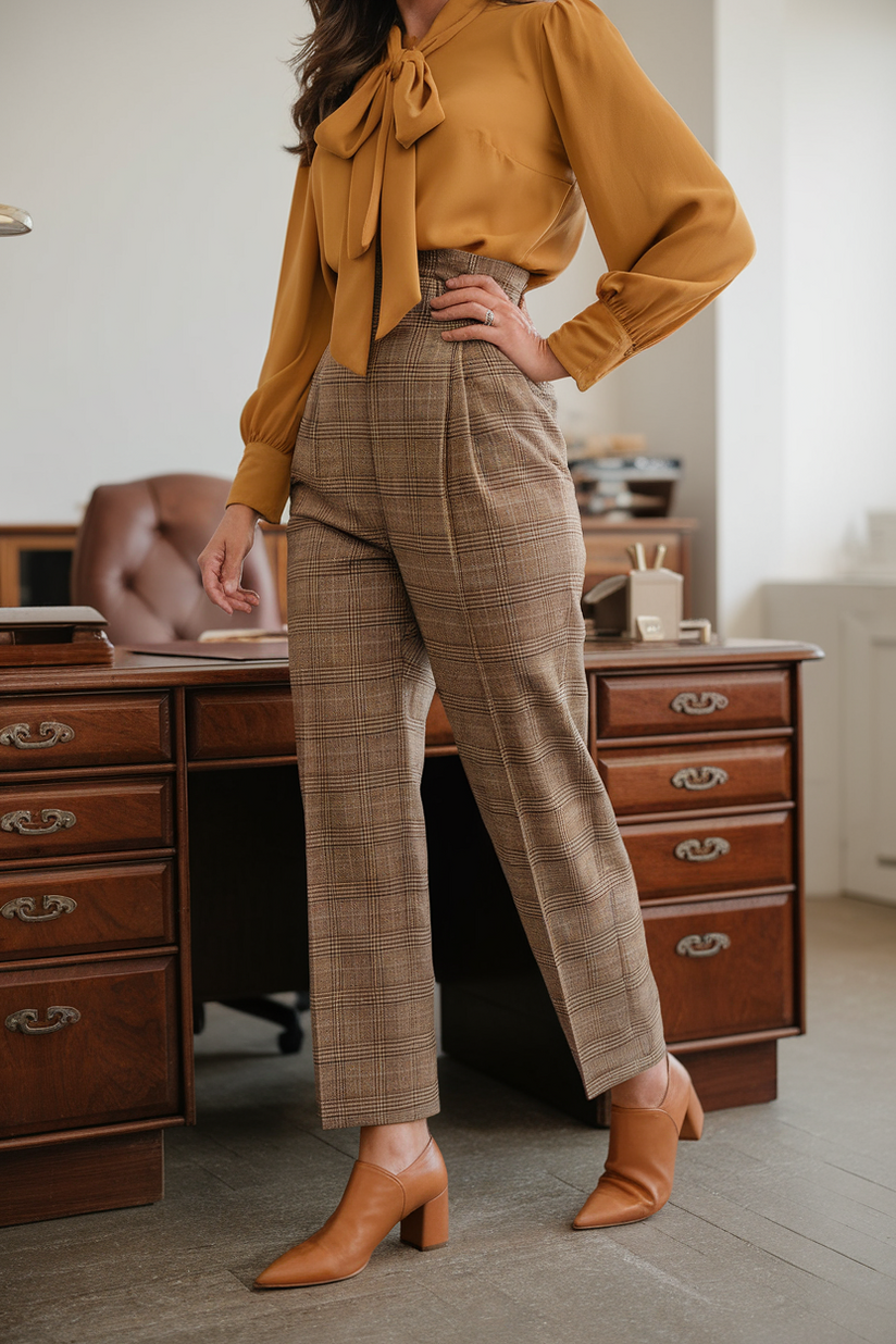 Mustard-yellow blouse, brown plaid trousers, and tan block-heel shoes in a vintage office.