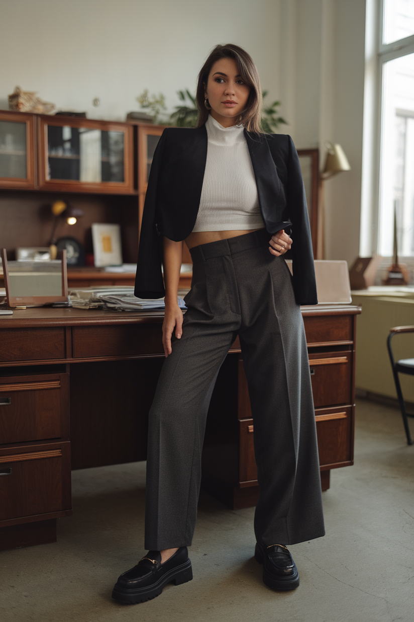 Black cropped blazer, white turtleneck, gray trousers, and black loafers in an office.