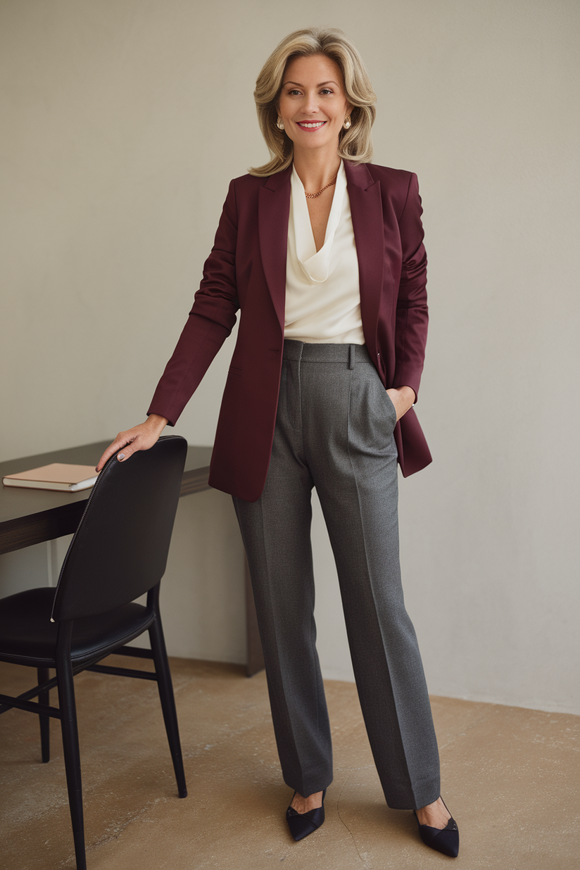 Burgundy blazer, white blouse, gray trousers, and black flats in an office.